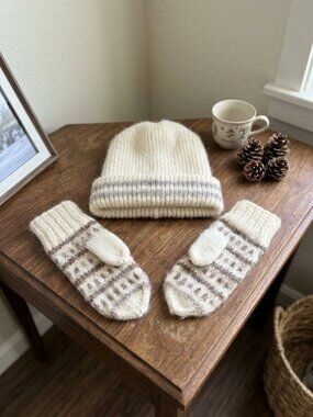 Hilda Ltd. Vintage Cream Colored Wool Beanie, Matching Patterned Mittens & Scarf